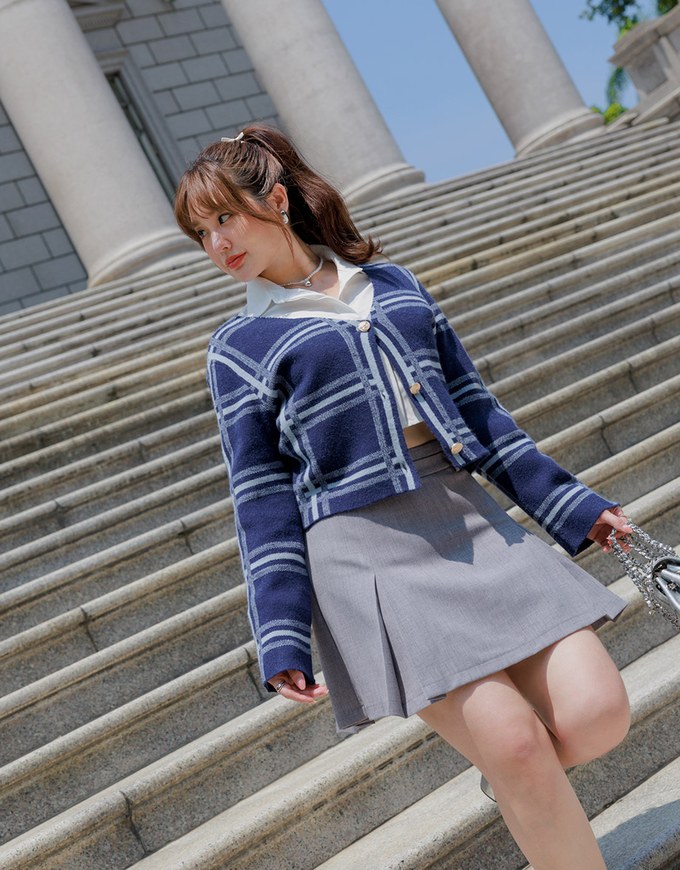 Long Sleeve Retro Plaid Preppy Knit Cardigan