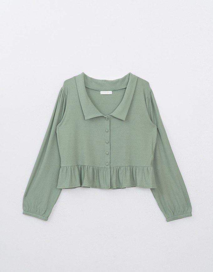 Solid Ruffle Hem Ribbed Knit Blouse