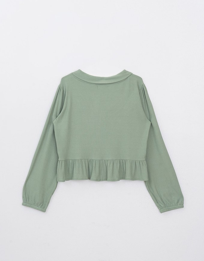 Solid Ruffle Hem Ribbed Knit Blouse