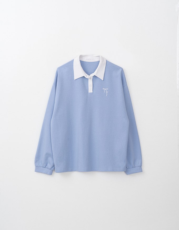 Preppy Oversized Long Sleeve Polo Top with Bow Embroidery