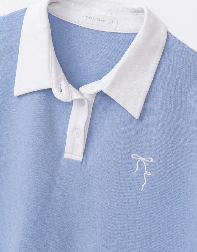 Preppy Oversized Long Sleeve Polo Top with Bow Embroidery