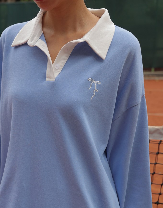 Preppy Oversized Long Sleeve Polo Top with Bow Embroidery