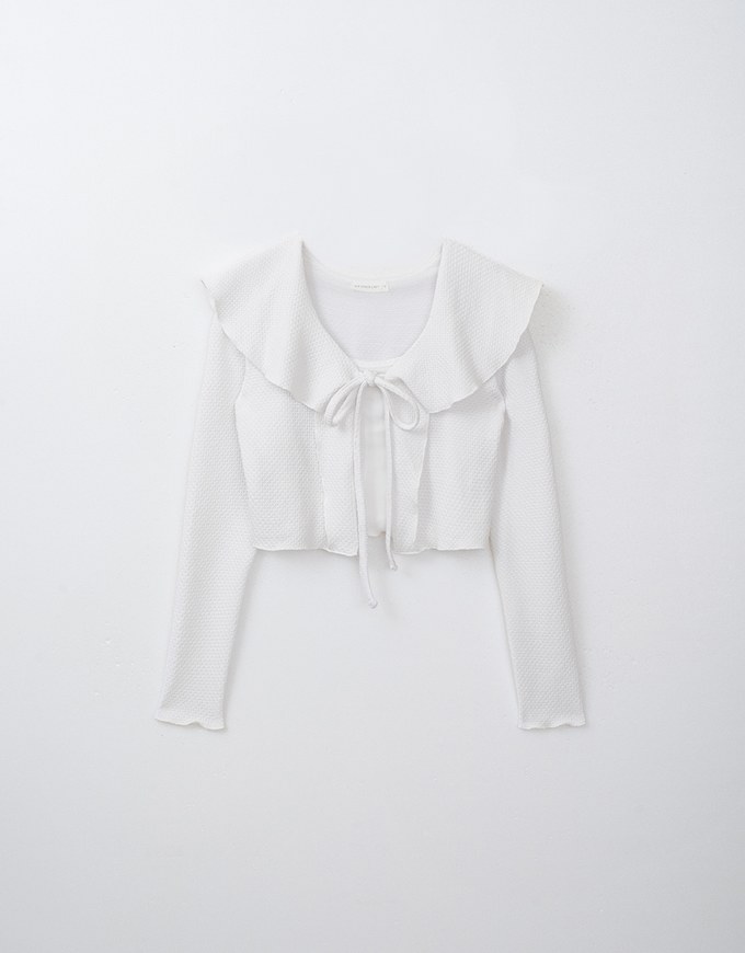 Ruffled Doll Collar Knit Waffle Texture Set Wear With Cardigan And Camisole Top
