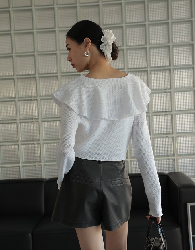 Ruffled Doll Collar Knit Waffle Texture Set Wear With Cardigan And Camisole Top