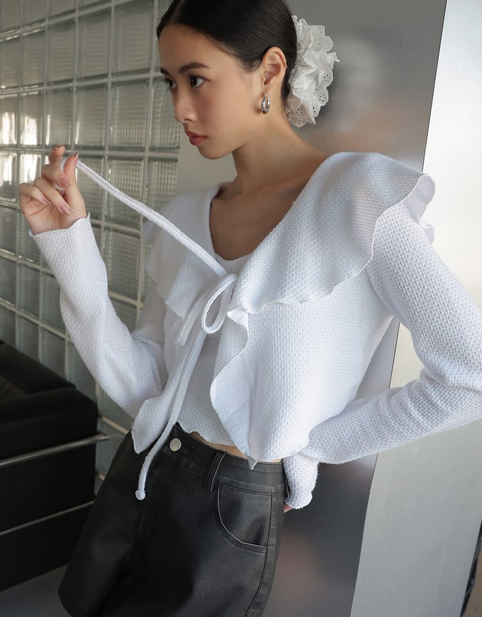 Ruffled Doll Collar Knit Waffle Texture Set Wear With Cardigan And Camisole Top