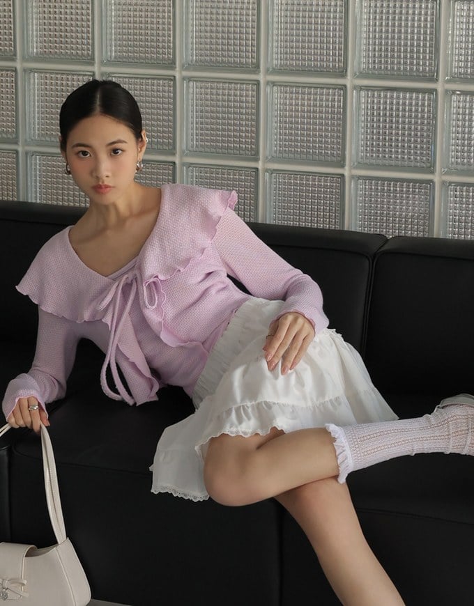 Ruffled Doll Collar Knit Waffle Texture Set Wear With Cardigan And Camisole Top