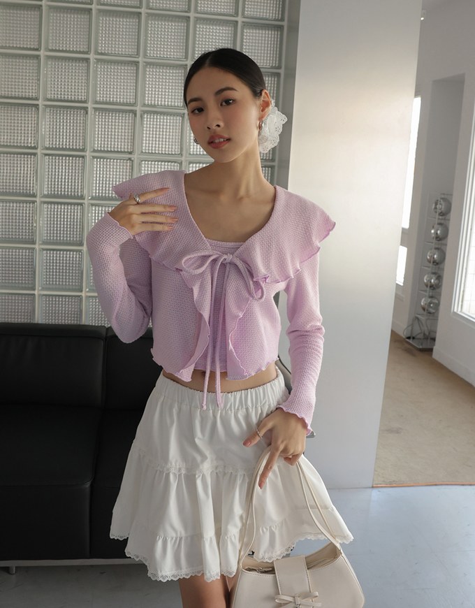Ruffled Doll Collar Knit Waffle Texture Set Wear With Cardigan And Camisole Top