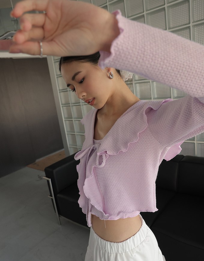 Ruffled Doll Collar Knit Waffle Texture Set Wear With Cardigan And Camisole Top