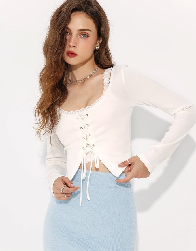 Lace Trim Corset Tie Front Knit Top