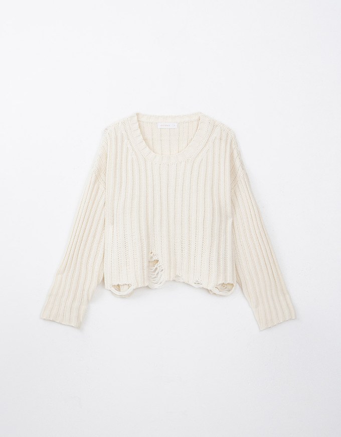 Distressed Crew Neck Knit Cropped Sweater