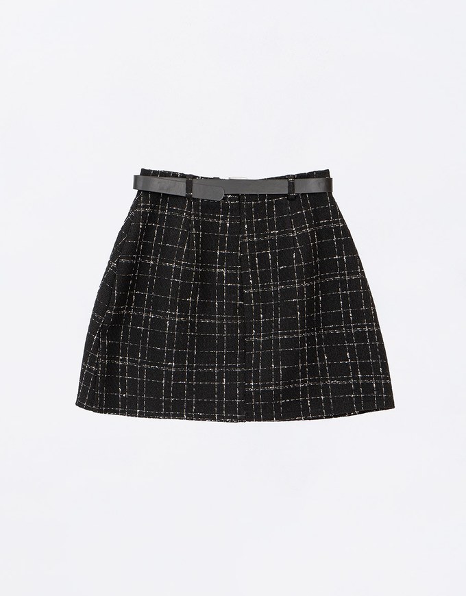 Classic Plaid Woolen Mini Skirt (with Belt)