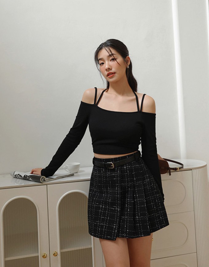 Classic Plaid Woolen Mini Skirt (with Belt)