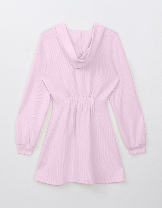 Lightweight Fleece Hooded Mini Dress with Button Closure