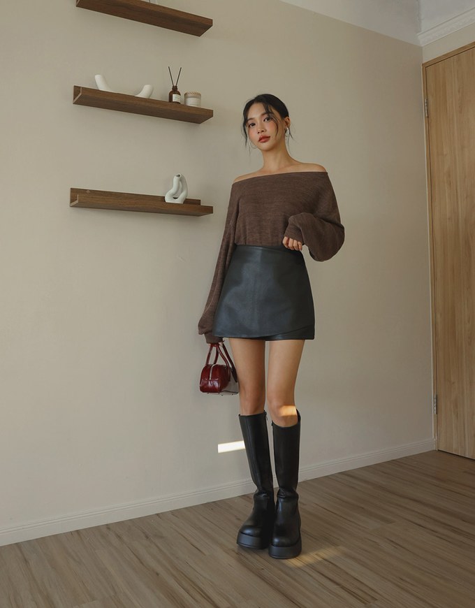 Asymmetric Faux Leather A Line Skort