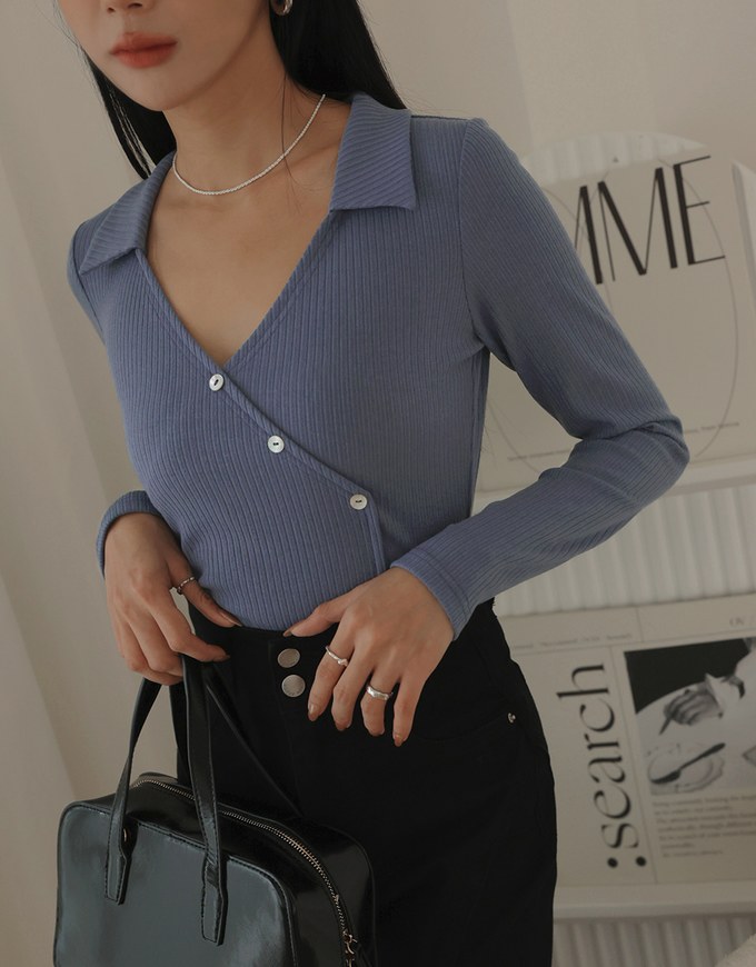 Long Sleeve Collared Asymmetric Button Up Top