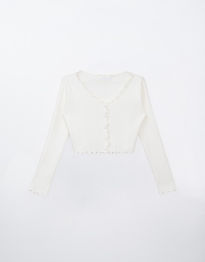 Pearl Button Ruffle Trim Heavyweight Knitted Top