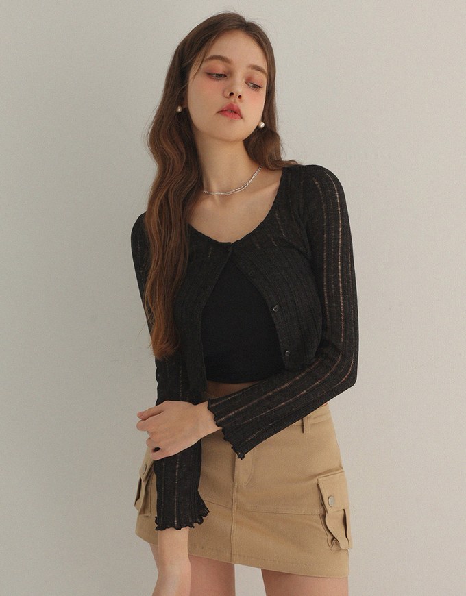 Knit Round Neckline Sheer Ruffle Hem Button Cardigan