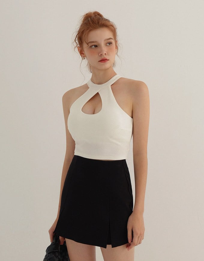Keyhole Cut Out Halter Neck Knit Padded Bra Top