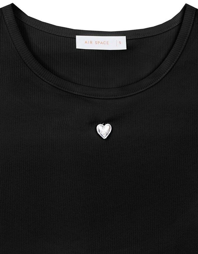 Ribbed Knit Crop Tee with Logo Heart Charm Accent