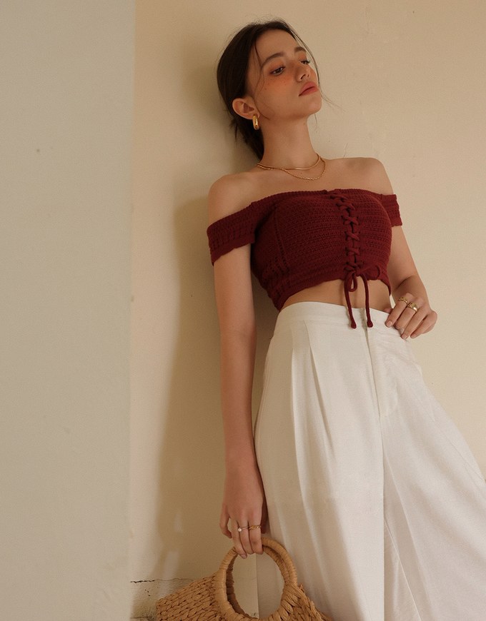 Off Shoulder Crochet Lace Up Padded Crop Top