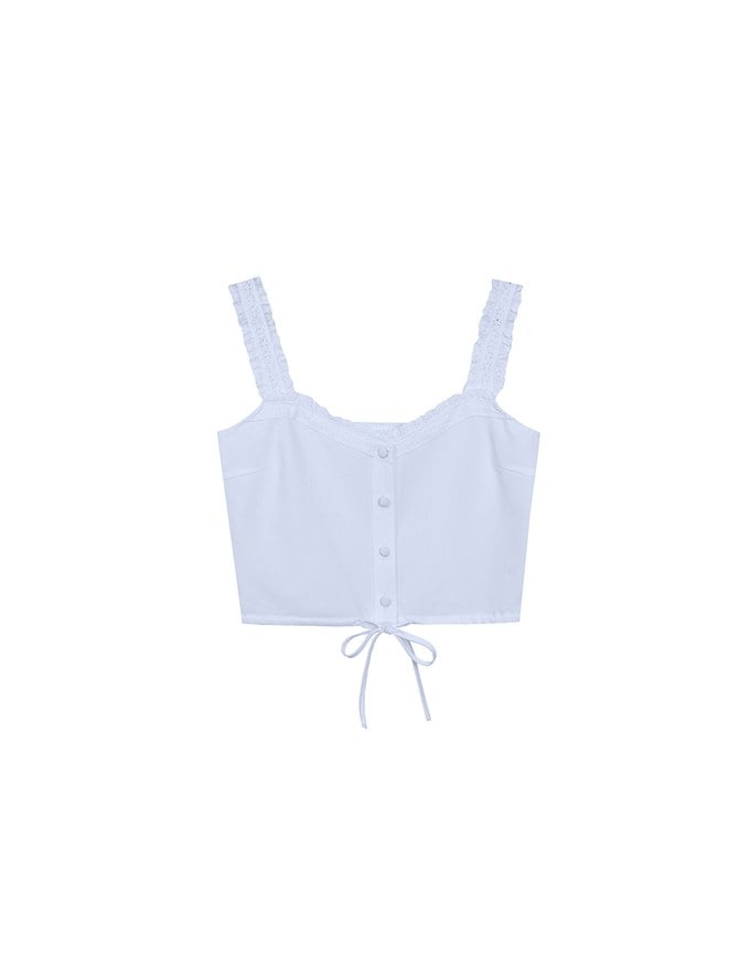 Lace Trim Buttoned Cropped Cami Top with Drawstring Hem