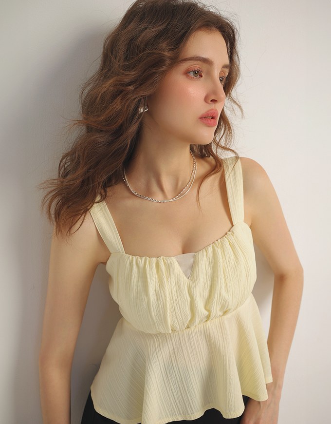 Striped Textured Wide Strap Flowy Crinkled Peplum Top