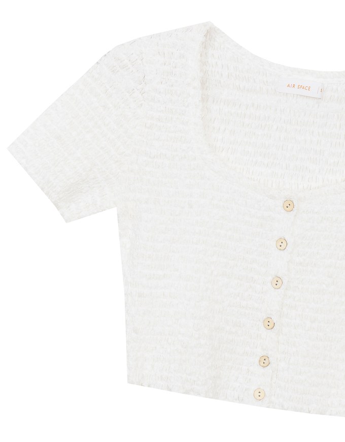 Crinkled Textured Button Down Scoop Neck Cropped Top