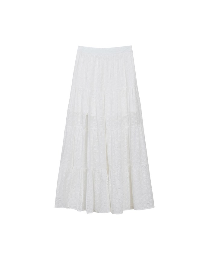 Lace SKIRT Embroidered Shirred Detail Tiered Maxi Skirt with Lining