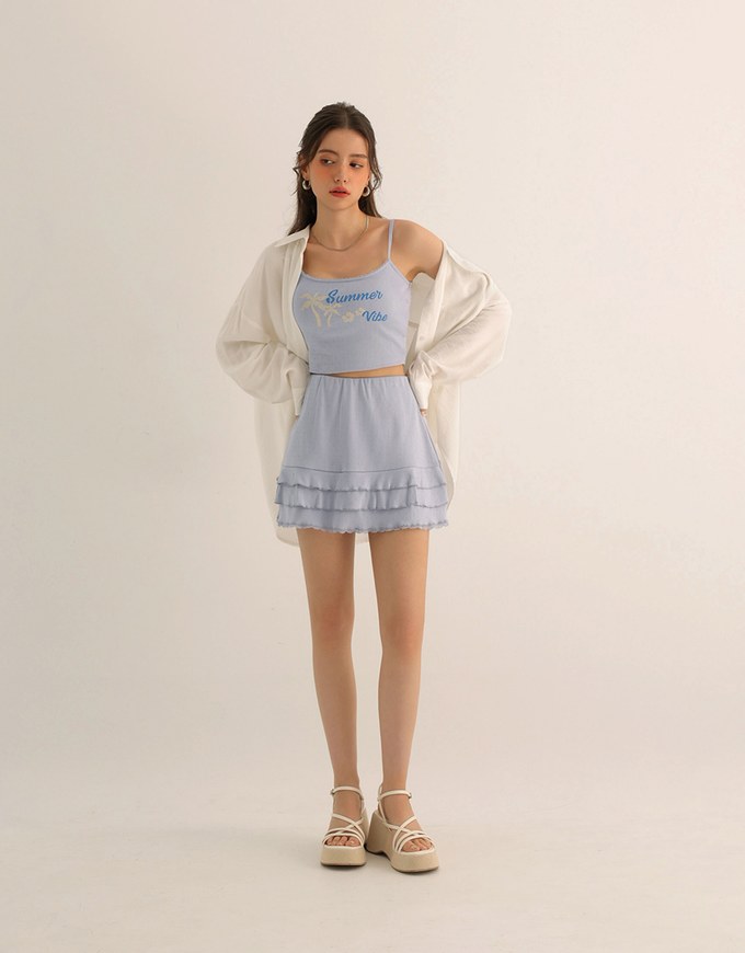 Tiered Ruffle Mini Skirt with Lace Trim Hem