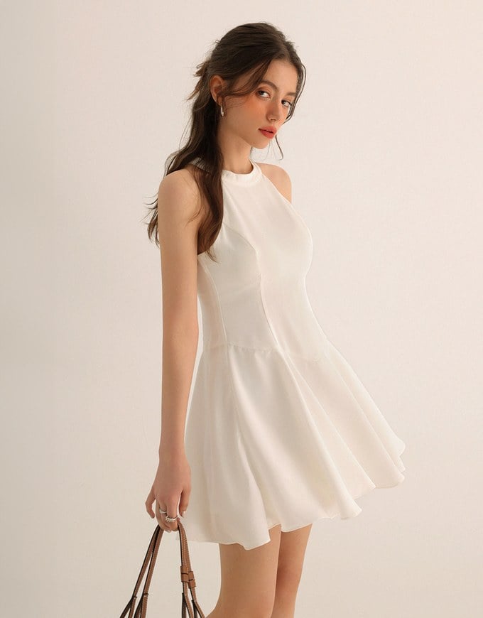 Halter Neck Sleeveless Flare Hem Padded Mini Dress