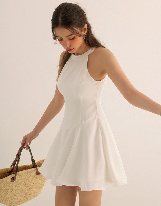 Halter Neck Sleeveless Flare Hem Padded Mini Dress