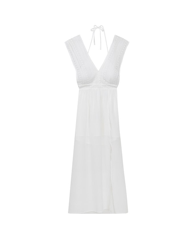 Elegant Boho V Neck Padded Maxi Dress with Crochet Detail