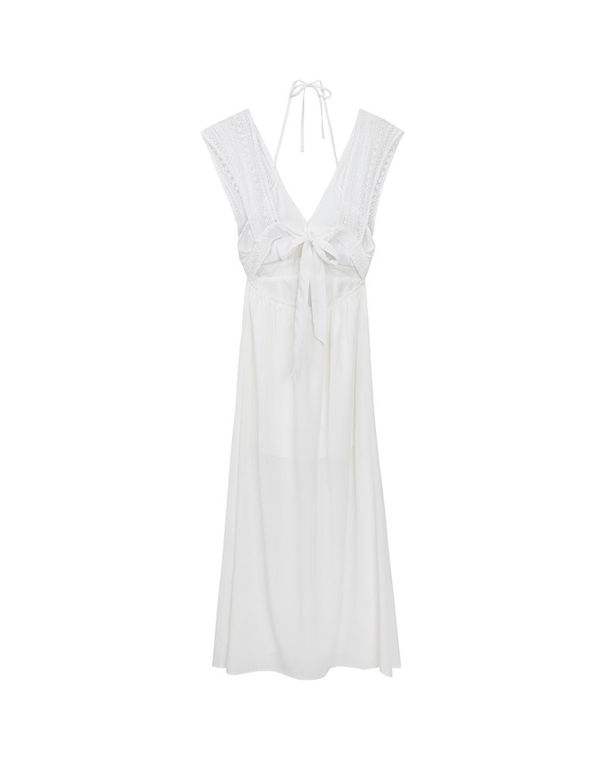 Elegant Boho V Neck Padded Maxi Dress with Crochet Detail