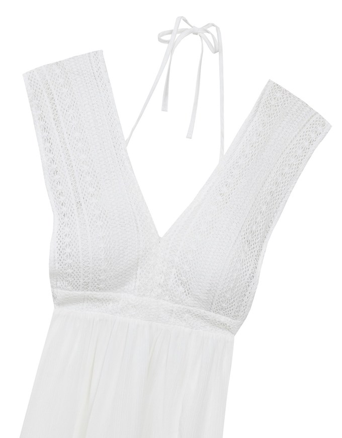 Elegant Boho V Neck Padded Maxi Dress with Crochet Detail
