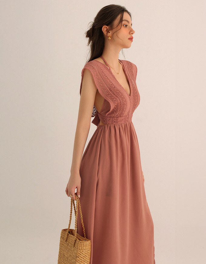 Elegant Boho V Neck Padded Maxi Dress with Crochet Detail
