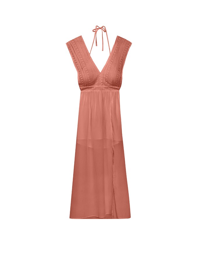 Elegant Boho V Neck Padded Maxi Dress with Crochet Detail