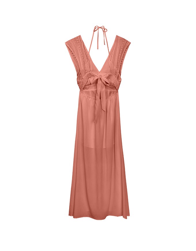 Elegant Boho V Neck Padded Maxi Dress with Crochet Detail