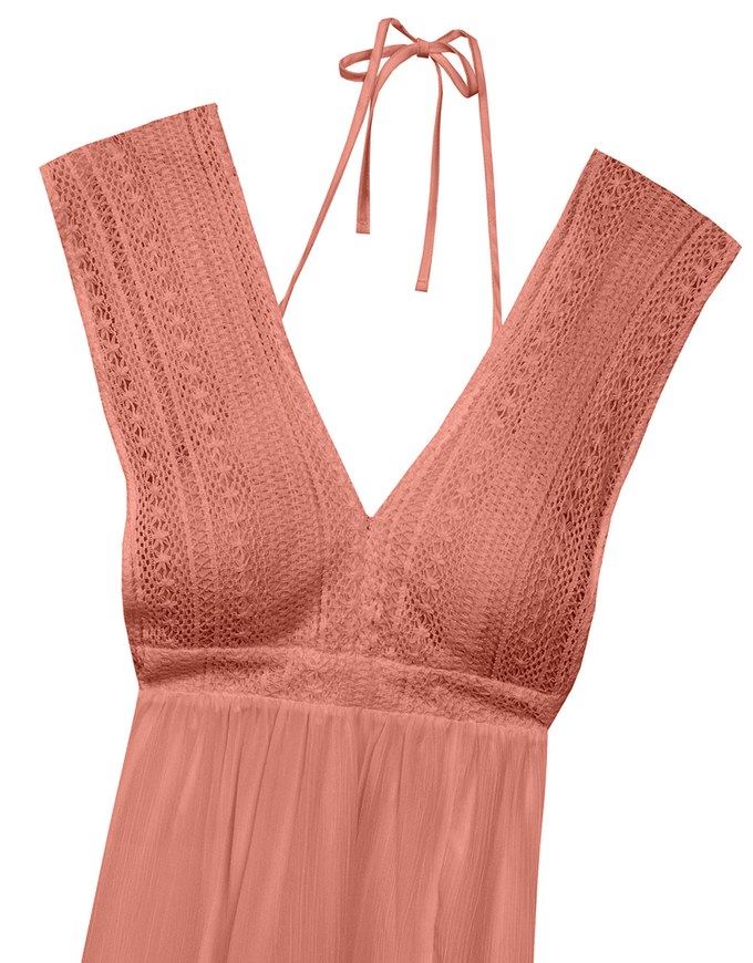 Elegant Boho V Neck Padded Maxi Dress with Crochet Detail
