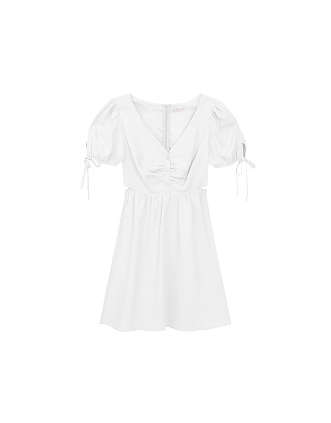 Buttoned V Neck flare Mini Dress with Cut Out Waist and Puff Sleeves Detail