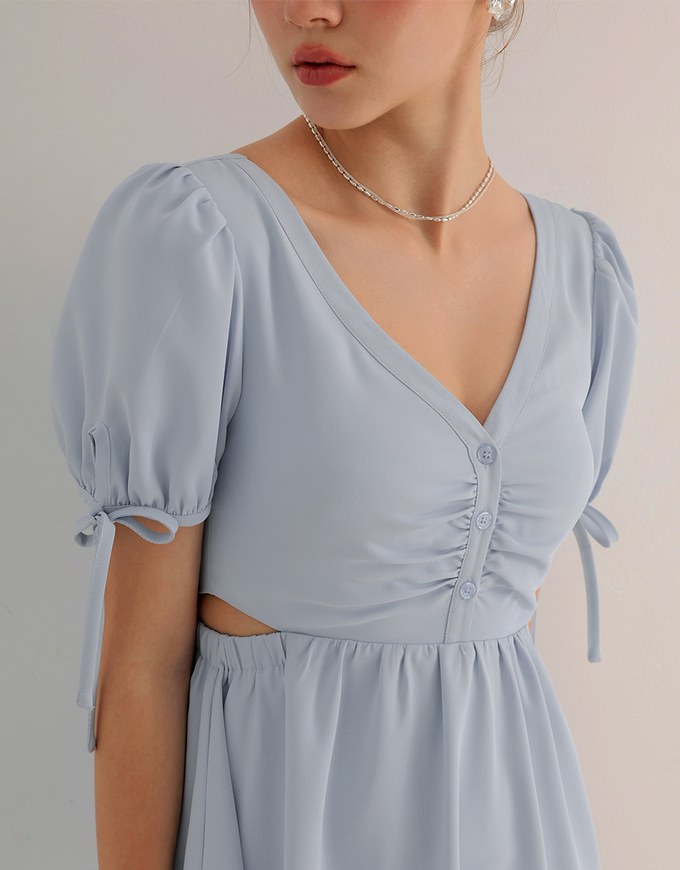 Buttoned V Neck flare Mini Dress with Cut Out Waist and Puff Sleeves Detail