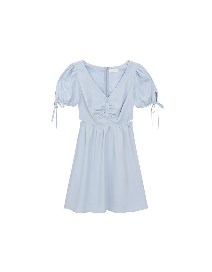 Buttoned V Neck flare Mini Dress with Cut Out Waist and Puff Sleeves Detail