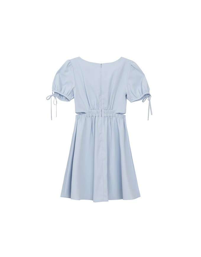 Buttoned V Neck flare Mini Dress with Cut Out Waist and Puff Sleeves Detail