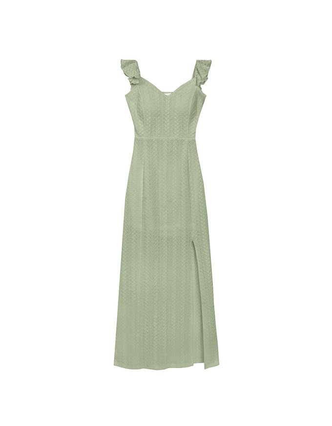 Ruffle Strap Flowy Lace Padded Maxi Dress with Side Slit Design