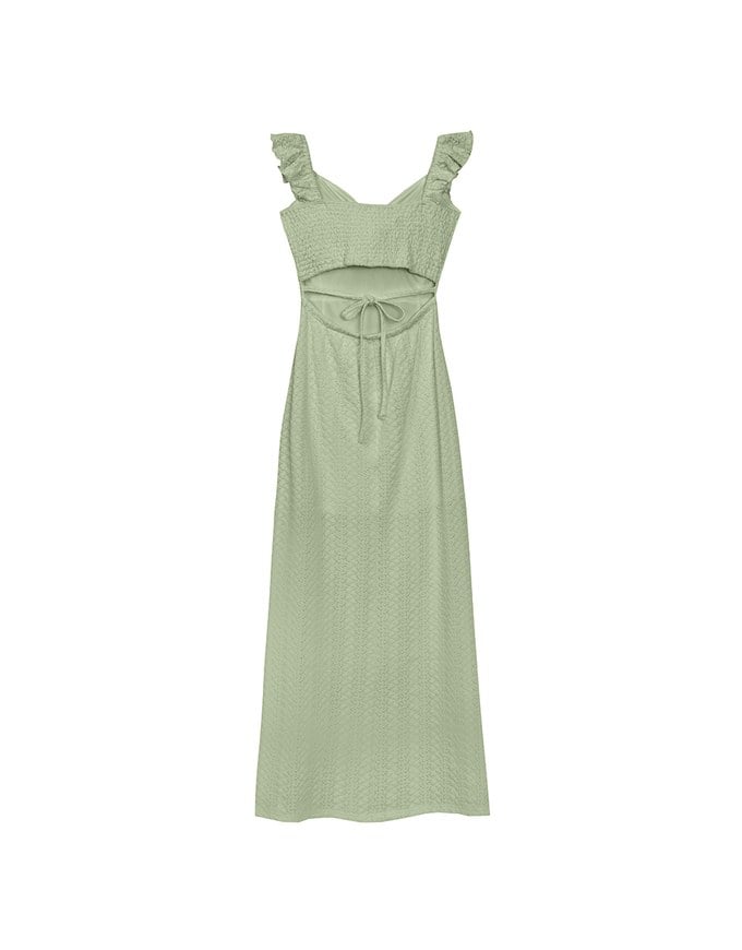 Ruffle Strap Flowy Lace Padded Maxi Dress with Side Slit Design