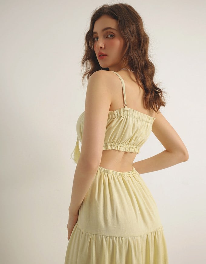 Spaghetti Strap Tassel Front Padded Maxi Dress Featuring Waist Cutouts