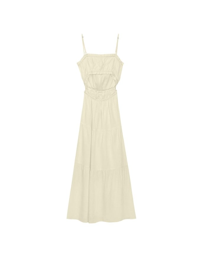 Spaghetti Strap Tassel Front Padded Maxi Dress Featuring Waist Cutouts