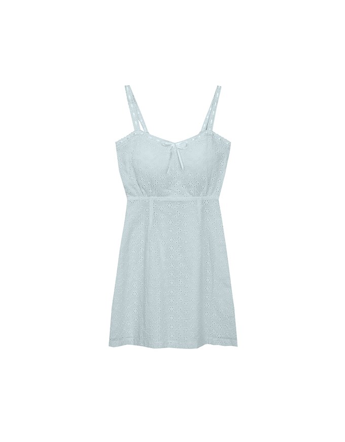 Eyelet Lace Embroidered Padded Mini Dress with Front Ribbon Detail