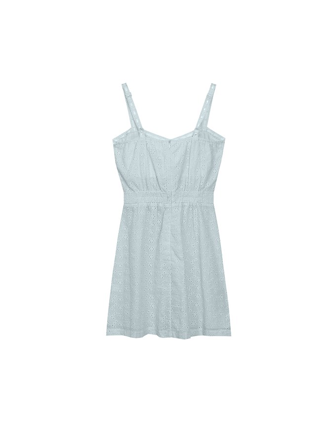 Eyelet Lace Embroidered Padded Mini Dress with Front Ribbon Detail