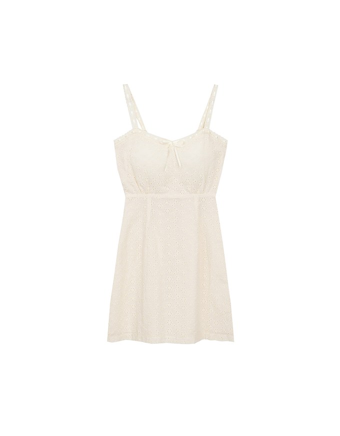 Eyelet Lace Embroidered Padded Mini Dress with Front Ribbon Detail