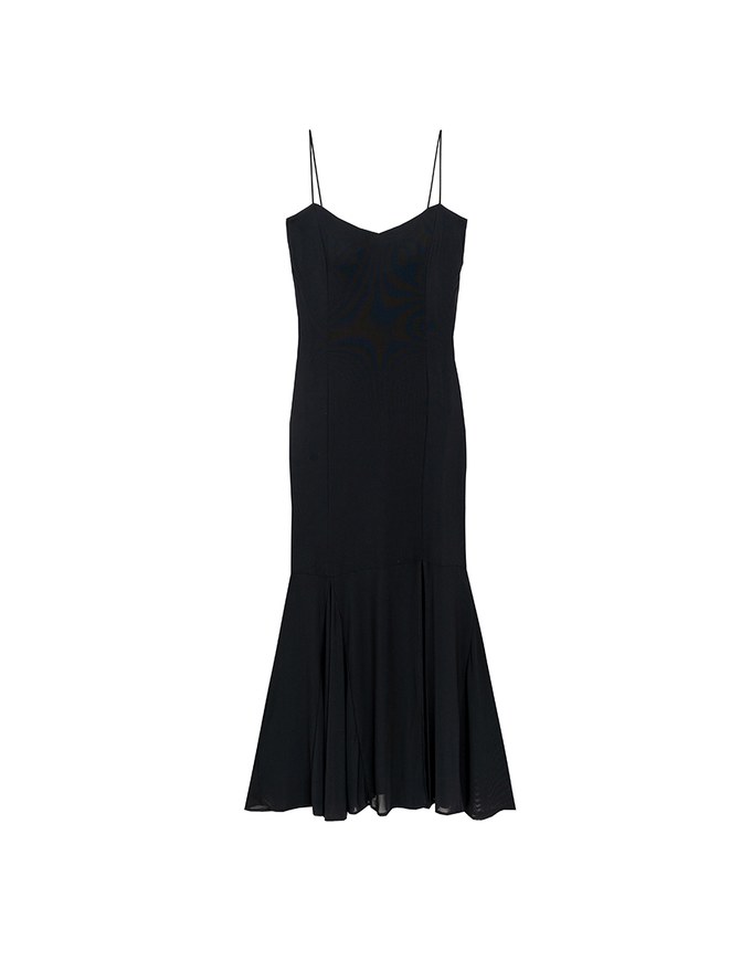 Satin Spaghetti Strap Padded Maxi Dress with Sheer Panel Flare Hem
